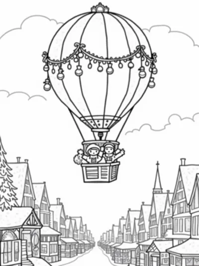 Hot air balloon above Christmas market
