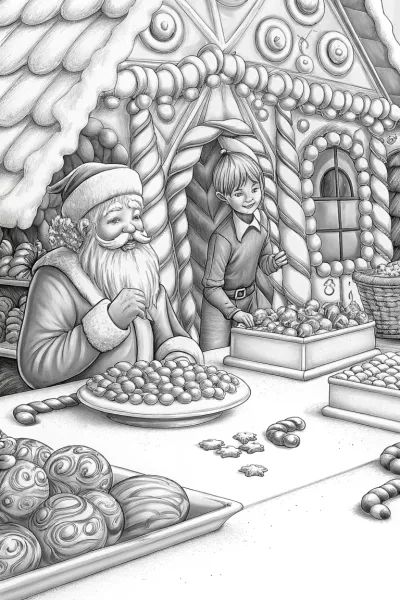 Santa and elves in candy workshop