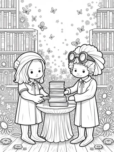 Flower librarians organizing books