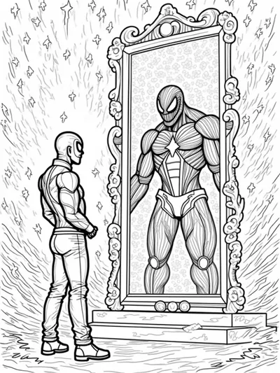 Venom in front of a magical mirror