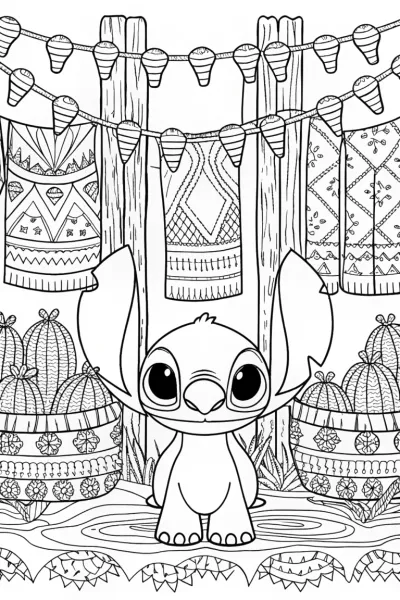 Stitch exploring a fabric forest