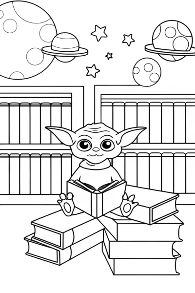 Baby Yoda in a cosmic library