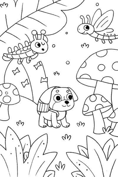 Puppy Explorers in the Enchanted Forest Coloring Page