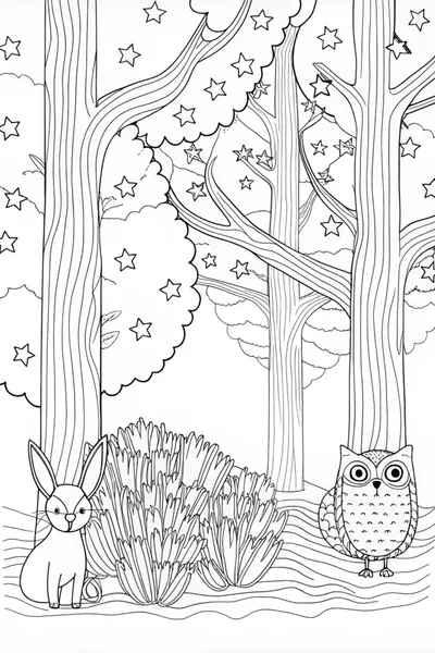Mystical Night Forest with Stars and Moon