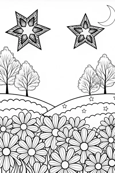 Mountains Under Starry Sky Coloring Page