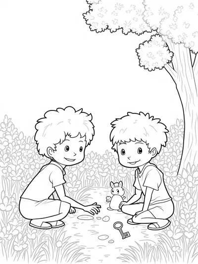 Kids discovering treasures in a garden