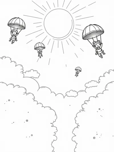Children skydiving in summer sky