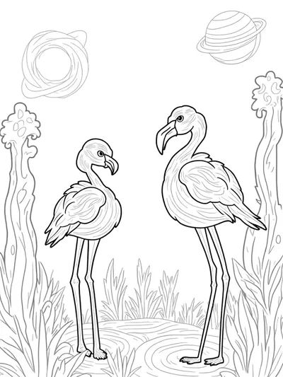 Flamingos exploring an alien planet