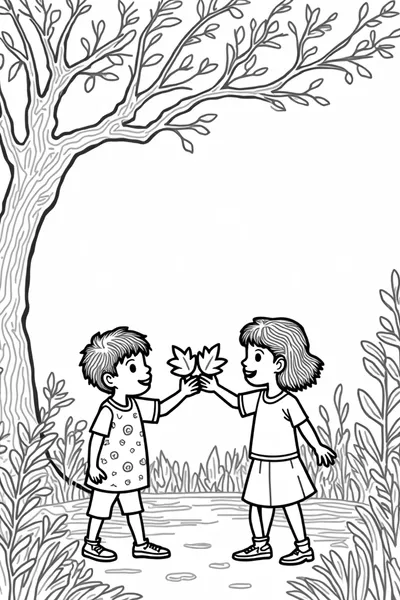 Children sharing colorful leaves