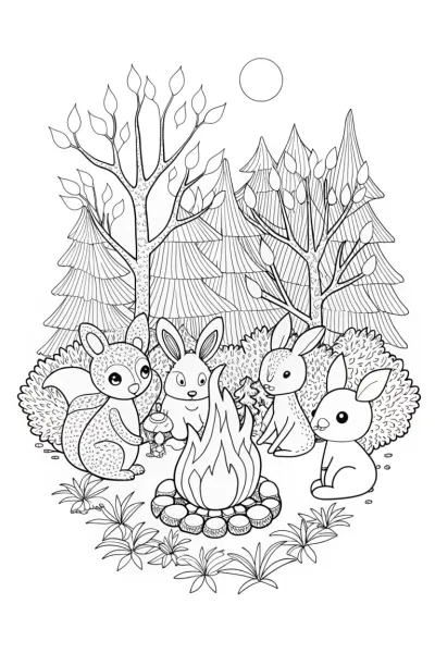 Woodland animals at a campfire