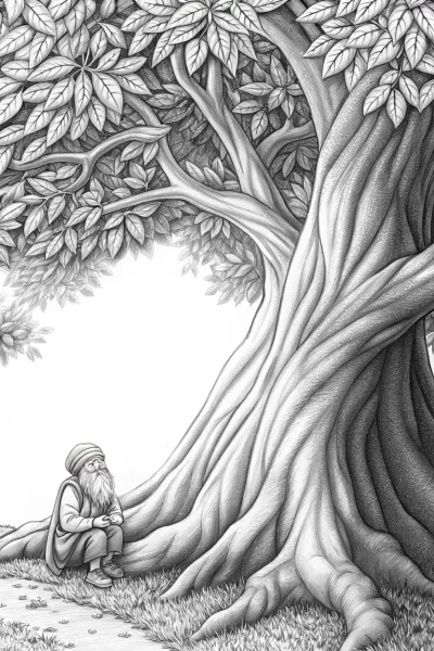 Gnome seeking wisdom from tree