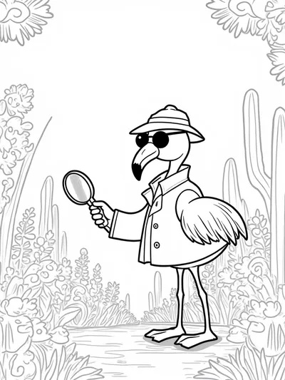 Flamingo detective in a garden
