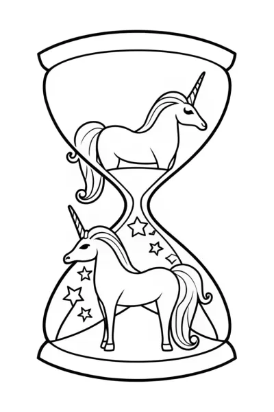 Unicorns exploring a giant hourglass