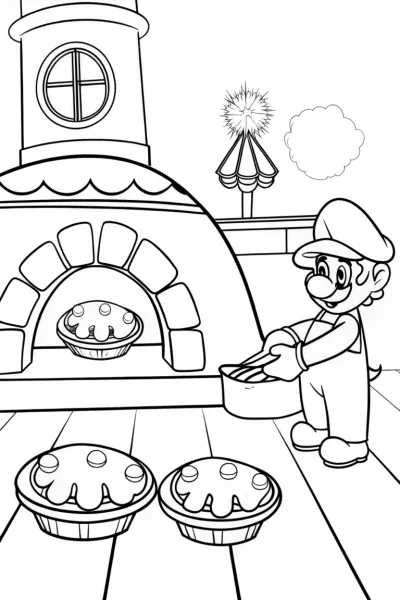 Mario baking in a magical bakery