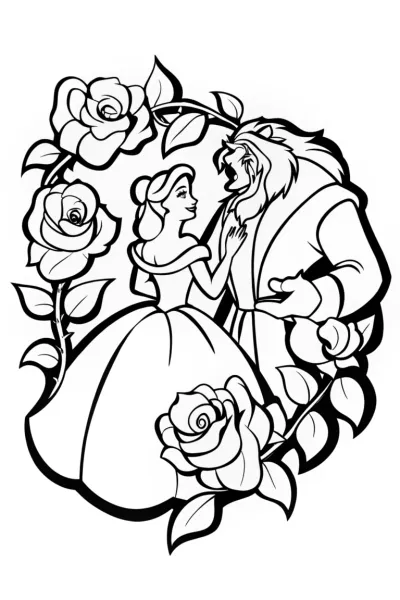 Whimsical rose garden with Belle and the Beast