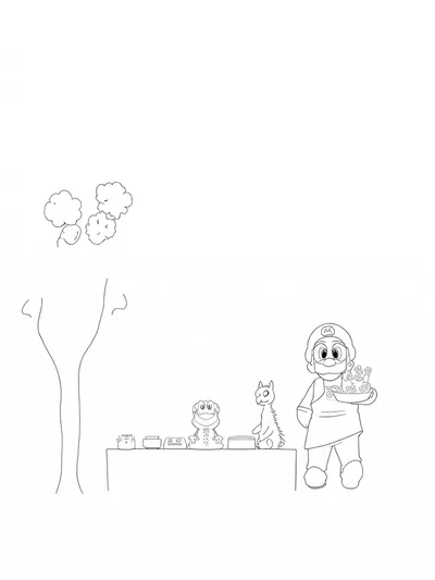 Mario juggling fruits in a forest