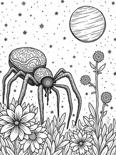 Spider tending cosmic garden