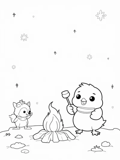 Chick roasting marshmallows by the fire