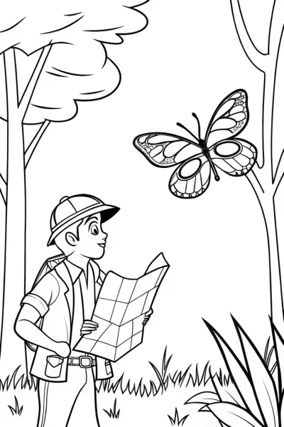 Butterfly cartographer mapping a forest