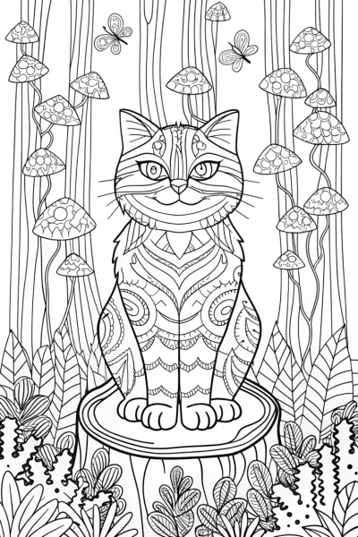 Mystical Cat Guardian of the Forest Coloring Page
