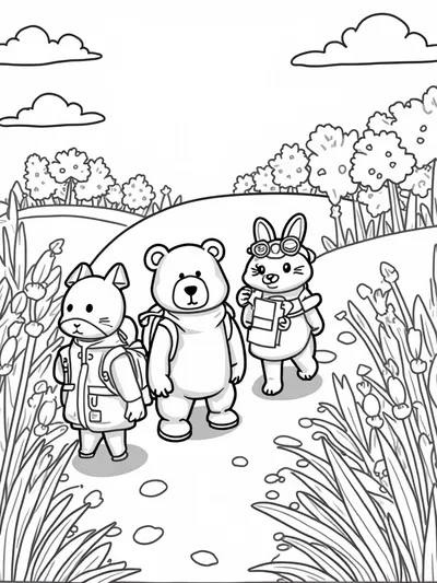 Animals hiking in a colorful landscape