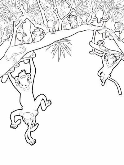 Monkeys swinging in summer trees