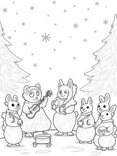 Animals playing music in the snow