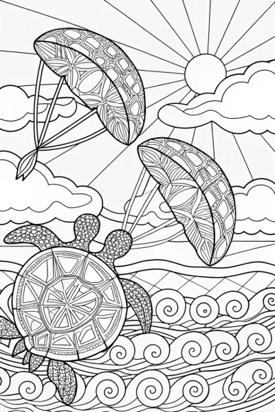 Turtles kitesurfing at sunset