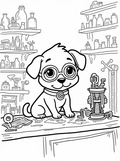 Puppy inventor in a workshop