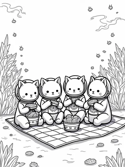 Cats having a picnic in space