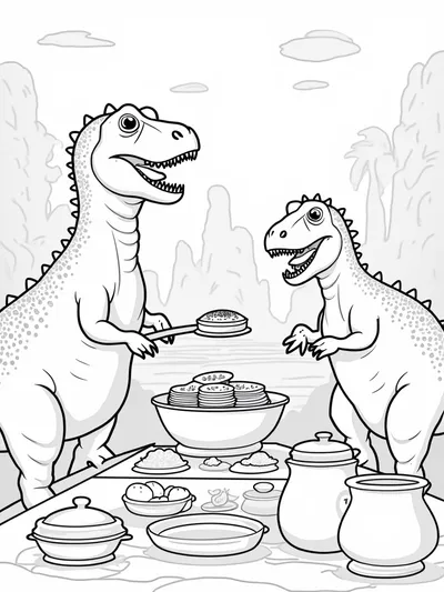 Dinosaurs cooking pancakes