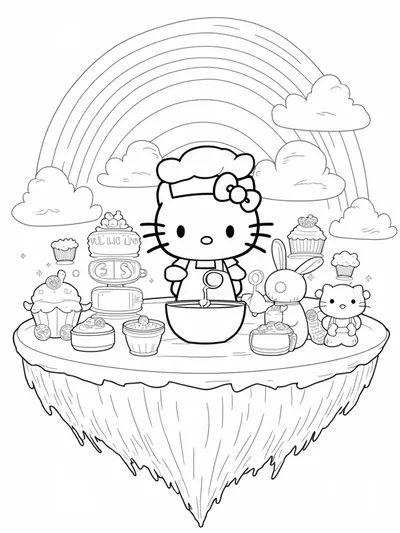 Hello Kitty baking on a floating island