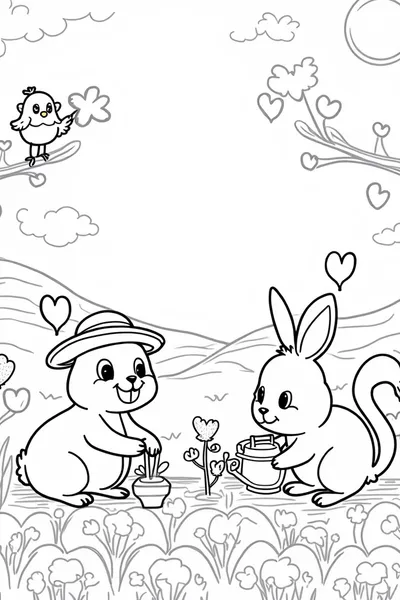 Bunny and squirrel in a heart garden