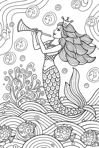 Mermaid’s Musical Underwater Symphony Coloring Page