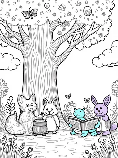 Rainbow friends under the enchanted tree