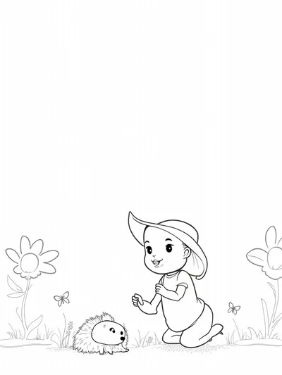 Baby exploring the garden with hedgehog