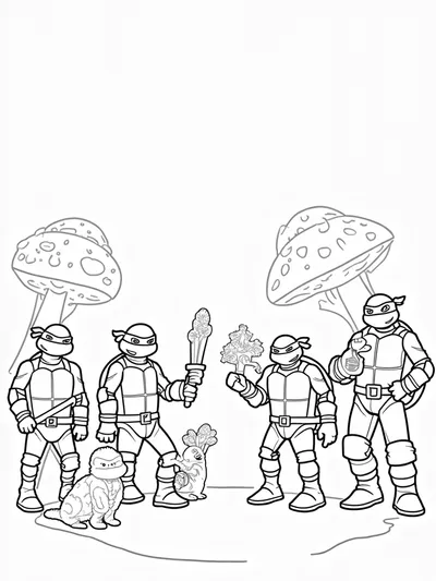 Teenage Mutant Ninja Turtles in a marketplace