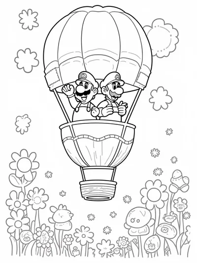 Mario and Luigi in a hot air balloon