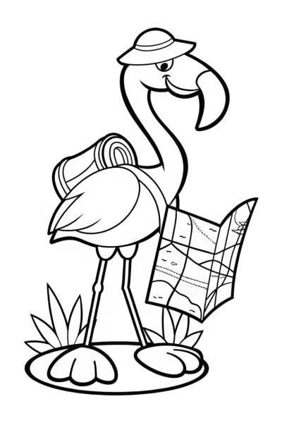 Flamingo adventurer with a map