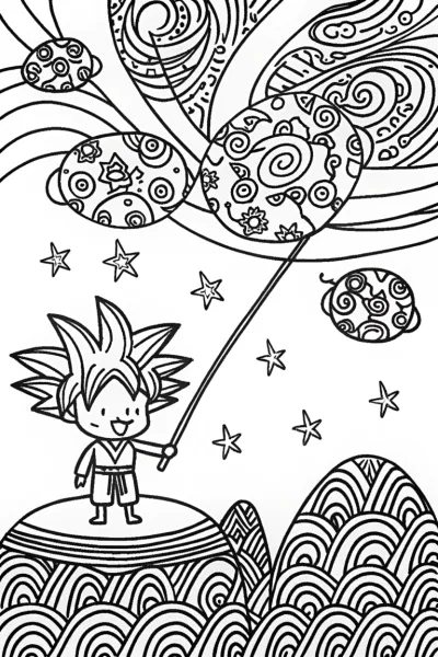 Goku’s Cosmic Fishing Coloring Page