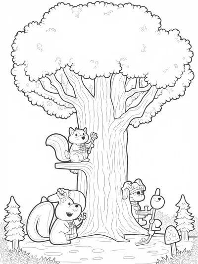 Animals building a treehouse