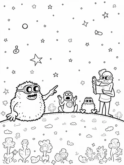 Monsters stargazing on a hill