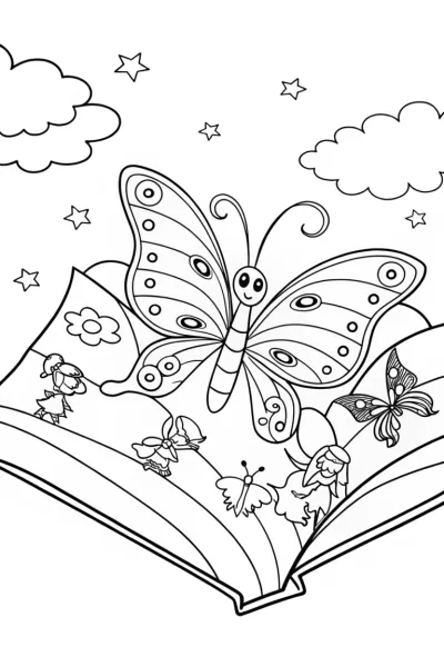 Butterfly Adventure in a Storybook Coloring Page