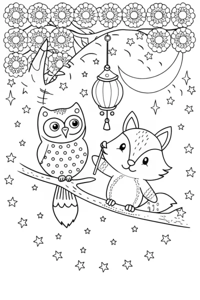Rainbow Fox and Owl Lantern Coloring Page