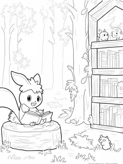 Eevee reading in the forest