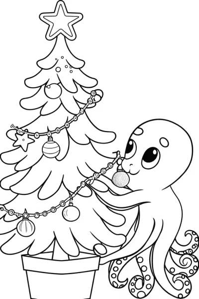 Octopus decorating a Christmas tree