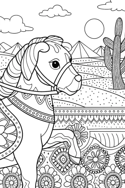 Puppy riding a horse in the desert