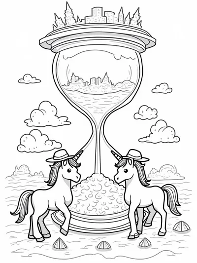 Unicorns exploring a giant hourglass