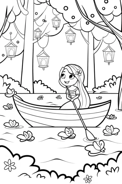 The Princess and Her Magical Petal Boat Coloring Page