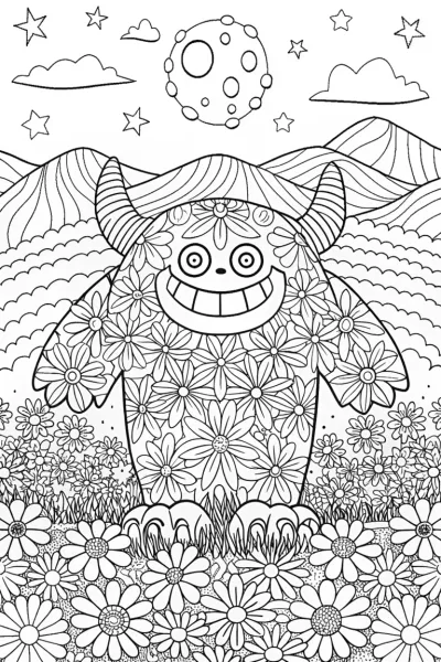 Monster in the Moonlit Meadow Coloring Page